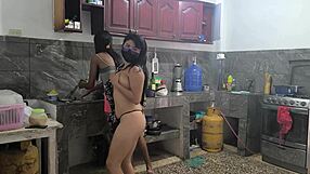 HOUSEWIVES GET HORNY while preparing lunch for their bosses. They TOUCH EACH OTHER sensually as big tits latina milfs.
