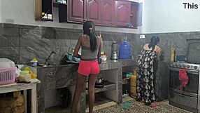 HOUSEWIVES GET HORNY while preparing lunch for their bosses. They TOUCH EACH OTHER sensually as big tits latina milfs.