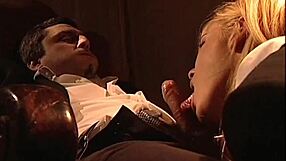 Blonde European slut Jasmine Rouge teases mafia boss with wet blowjob under desk