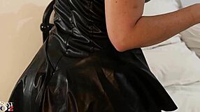 2231 02 - French Amateur Sky Dress Satin Turkish-blue Lingerie Bra Thong Red Garter Belt Heels Stockings Rubbing Pussy Cow Girl