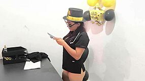 The hot office worker gets ready with an anal plug for some fun with her buttocks at work