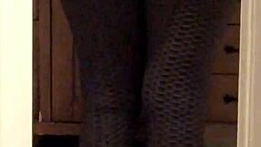 Wife in leggings showcasing her ass with a voyeur twist in milf style