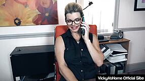 In a bold move, Vicky Vette spreads her legs wide to reveal her pussy to her boss.