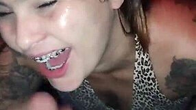 Ruiva novinha takes cumshot on face from two older guys at gloryhole in swing house