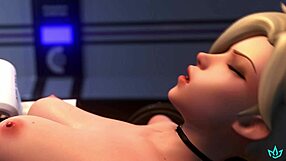 Mercy gets overwhelmed with intense pleasure multiple times and ends up expecting from the controlling ai