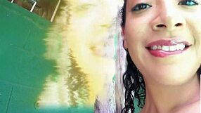 Hey, can you believe this sexy Honduras slut is taking that huge BBC deep outside in the pool?