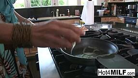 In the kitchen, a big tit brunette milf experienced a hardcore fucking session with blowjob and cumshot facial.