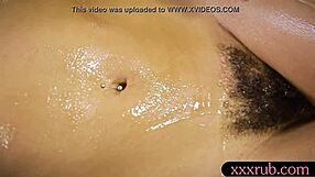 petite brunette client gets hairy pussy blowjob during bath massage