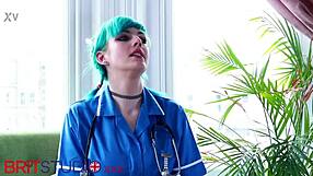blue haired alternative nurse in lingerie and pantyhose teases with solo femdom jerk instructions