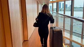 The cheating French wife gets fucked hard on her hotel balcony, ending with cum on tits.