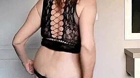 Sexy Black Net Dress Paired With High Heels Showcasing Huge Tits And Shaved Pussy Close Up