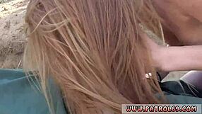 why is this redhead teen dry humping and getting hardcore with a guy in police uniform outdoors?