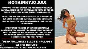 hey, check out this deep anal belly bulge and prolapse happening right on the terrace with some wild toys