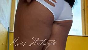 Naughty brazilian wife flashes big pussy and tits in short shorts to gym friend