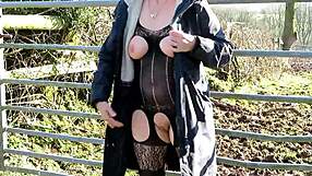 outdoors in kinky gear, a housewife explores her adventurous side with homemade amateur flair