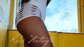 Naughty brazilian wife flashes big pussy and tits in short shorts to gym friend