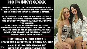 hotkinkyjo and irina faust wear newspaper outfits for lesbian double anal fisting and prolapse