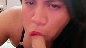 In this solo scene, the transsexual explores crossdressing with a dildo toy, expressing personal enjoyment in a private moment.