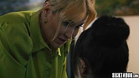 Powerful big tits businesswoman dominates and fucks hot black MILF lesbian with huge tits in office