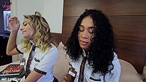 innocent blonde brazilian and curly brunette latina share subtle kisses in a gentle girl on girl moment