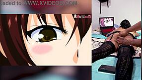 exotic ebony babe reacts to hot hentai blowjobs with cumshots on big tits and throat while showing off her fat ass