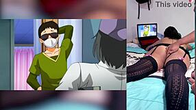 exotic ebony babe reacts to hot hentai blowjobs with cumshots on big tits and throat while showing off her fat ass