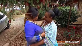 Amateur Ebony BBW Lesbians Grind and Lick with Shared Double Dildo