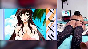 exotic ebony babe reacts to hot hentai blowjobs with cumshots on big tits and throat while showing off her fat ass