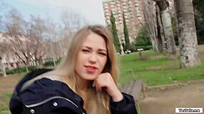 blonde russian babe hints at sucking that monster cock outdoors for some quick cash