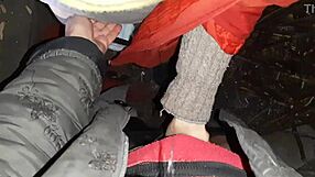 Brunette couple shares passionate autumn romantic sex in hut with hairy beaver and mutual masturbation