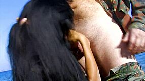 Oh yeah, this Latina mommy in fishnets rides my big cock hard on the beach with deepthroat action