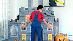 Two cute teen hoes in Halloween costumes teach him hardcore POV sex with ffm fingering, shaved pussy masturbation, and double anal assfucking in a wild game