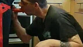 Dominant girlfriend pegs her boyfriend's ass hard in the kitchen, then takes it outdoors to a public cornfield and finishes with ass-to-mouth in the bathroom