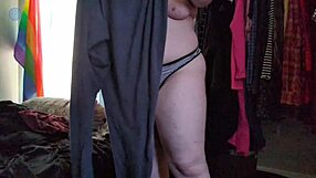 Hey, watch me try on these random clothes, teasing with my chubby belly and hairy armpits in tight leggings, with and without my packer – it's all homemade fun! 😏