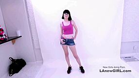 Beautiful brunette seduced by producer during modeling audition on sofa