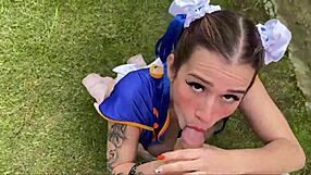 chun-li sucking cock hard then twerking that cosplay ass outdoor