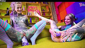 Two Tattooed Lesbians Gape Assholes with Big Anal Toys and Real ATM Orgasms