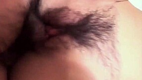 brunette asian bends over to suck cock then rides it cowgirl with hairy pussy moans