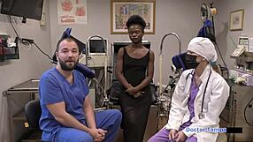 Why does petite nurse Rina Arem spread her shaved pussy during this checkup?