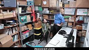 Known shoplifter addicted to thrill now takes officer's dick in garage.
