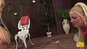 during the photoshoot busty blonde lesbians cindy behr and paige ashley strip to lingerie then lick pussies and share dildos to orgasm