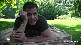 old man pounds sexy blonde's tight hole in public park