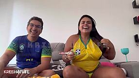 brazilian slut wife flashes pussy fucks during brasil game pov