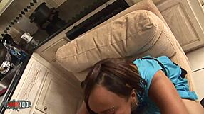 Ebony girlfriend bent over kitchen counter takes boyfriend's hard doggystyle pounding