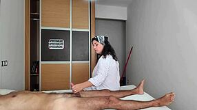 Hotel cleaning lady watches me jerk off my huge cock right in front of her