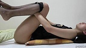 damn this asian booty babe in fishnets flashes her cameltoe thong so hot