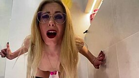 curvy blonde rides dildo doggystyle in bathroom moaning loud
