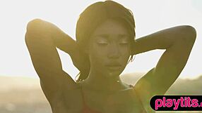 petite ebony milf stripping outdoors by pool showing juicy tits 😍🔥