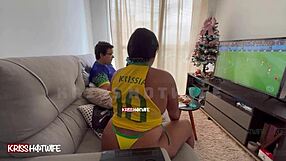 brazilian slut wife flashes pussy fucks during brasil game pov