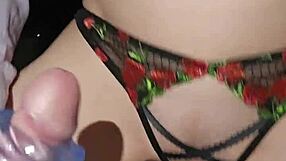 milf with big pussy lips and pierced nipples jerks hubby's cock then rides huge dildo in crotchless panties